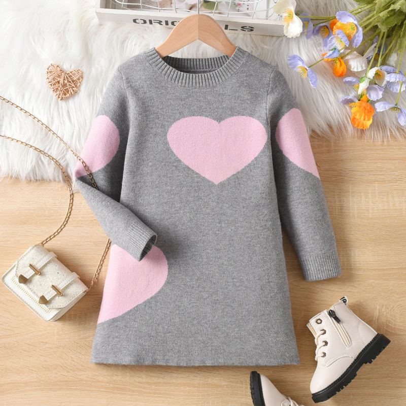 Meiteņu adīta kleita 2024. gada rudens un ziemas jaunā lielo bērnu mīlestība apaļa kakla svārki ārzemju stila bērnu džemperkleita