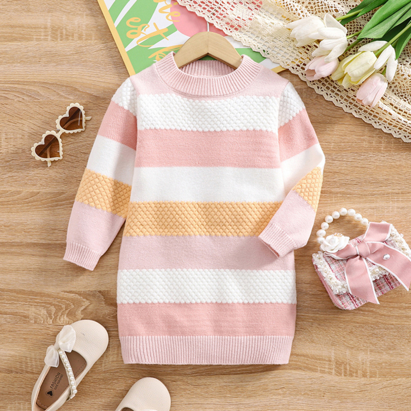 Pletena haljina za djevojčice s prugastim uzorkom, okruglim izrezom i srednje duljine, prikladna za jesen i zimu kao haljina s efektom lampiona