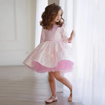 Ružové dievčenské šaty 2025 Nový štýl dievčenských dlhých rukávov s flitrovanými princeznovskými šatami na narodeniny, jarné detské princeznovské šaty