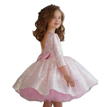 Ružové dievčenské šaty 2025 Nový štýl dievčenských dlhých rukávov s flitrovanými princeznovskými šatami na narodeniny, jarné detské princeznovské šaty