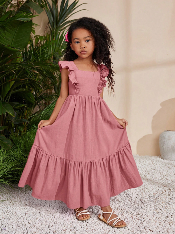 Külkereskedelmi Gyermekruházat Szögletes Nyakkivágású Hosszú Fodros Ujjú Nyári Hétköznapi Ruha | Ruha Szögletes Nyakkivágással