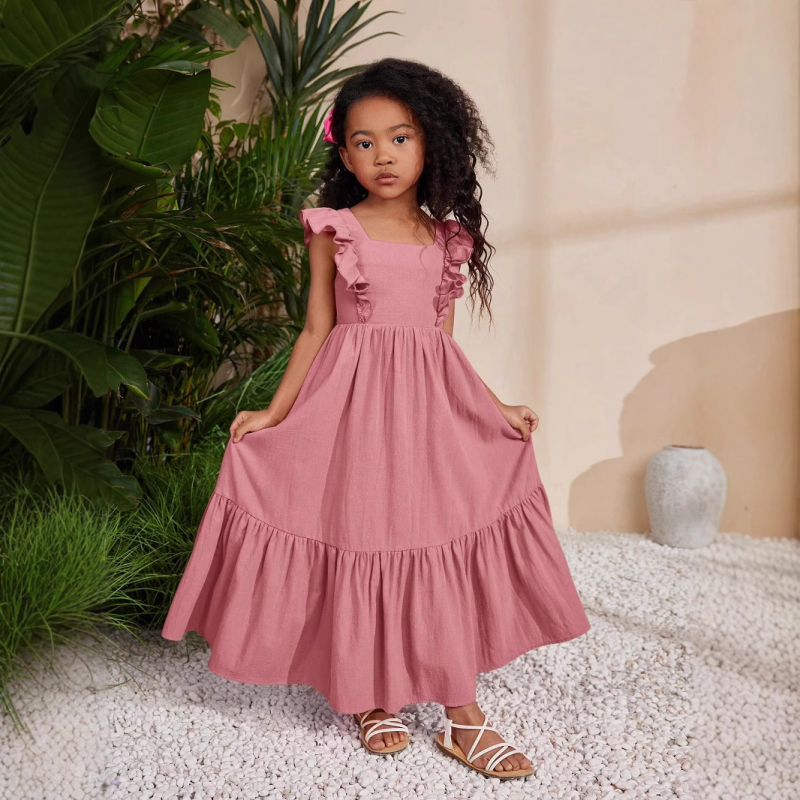 Külkereskedelmi Gyermekruházat Szögletes Nyakkivágású Hosszú Fodros Ujjú Nyári Hétköznapi Ruha | Ruha Szögletes Nyakkivágással