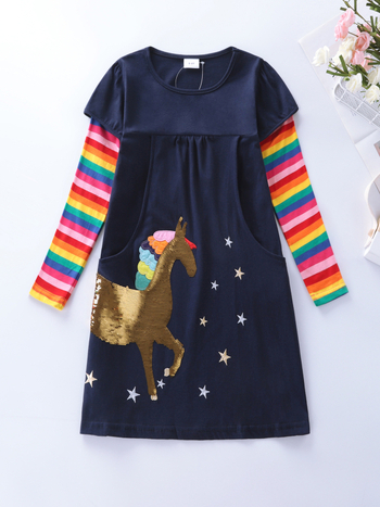 Detské dievčenské jesenné nové bavlnené karikatúry vyšívané jednorožcové ležérne dlhé rukávové šaty LH5810