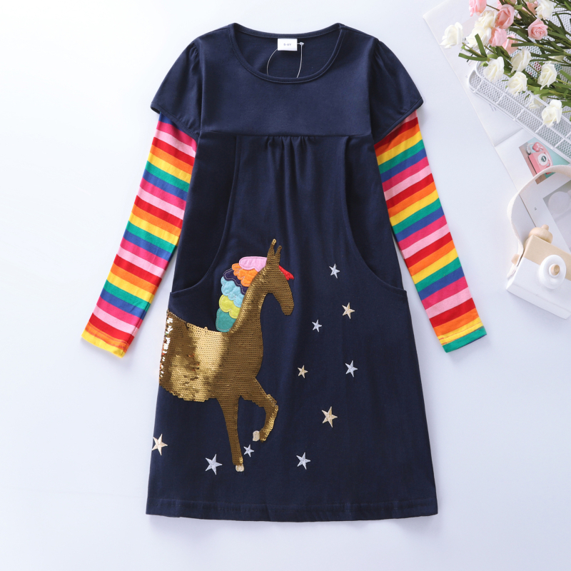 Detské dievčenské jesenné nové bavlnené karikatúry vyšívané jednorožcové ležérne dlhé rukávové šaty LH5810