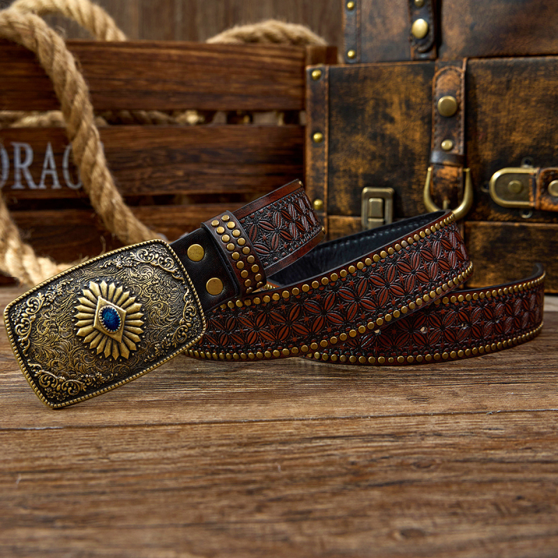 Amazon raktáron Új Guofeng férfi jellegzetes szegecses öv Divatos retró faragott, tartós öv