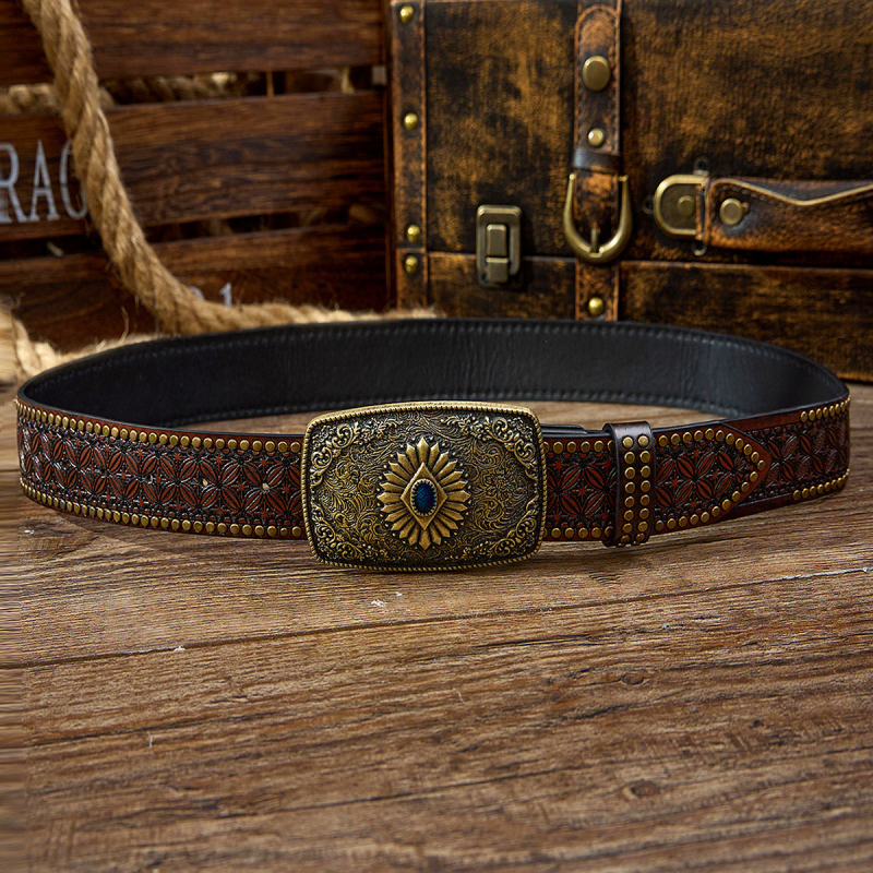 Amazon raktáron Új Guofeng férfi jellegzetes szegecses öv Divatos retró faragott, tartós öv