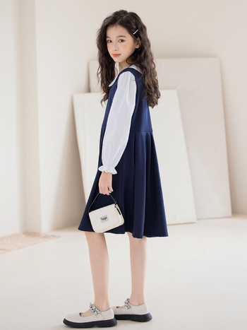 Φθινοπωρινό φόρεμα για κορίτσια 2025 Άνοιξη και Φθινόπωρο Κορίτσια Ψεύτικο φόρεμα δύο τεμαχίων με μακριά μανίκια πριγκίπισσας για μεγάλα παιδιά, μοντέρνο φόρεμα κολεγιακού στυλ