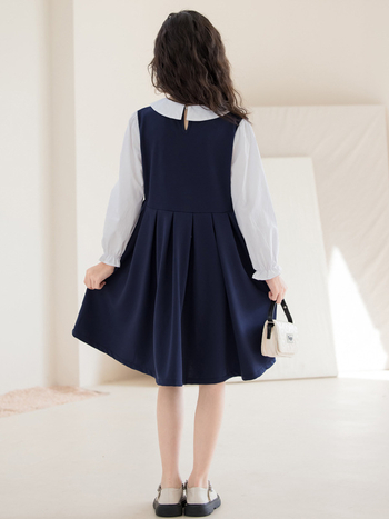 Φθινοπωρινό φόρεμα για κορίτσια 2025 Άνοιξη και Φθινόπωρο Κορίτσια Ψεύτικο φόρεμα δύο τεμαχίων με μακριά μανίκια πριγκίπισσας για μεγάλα παιδιά, μοντέρνο φόρεμα κολεγιακού στυλ