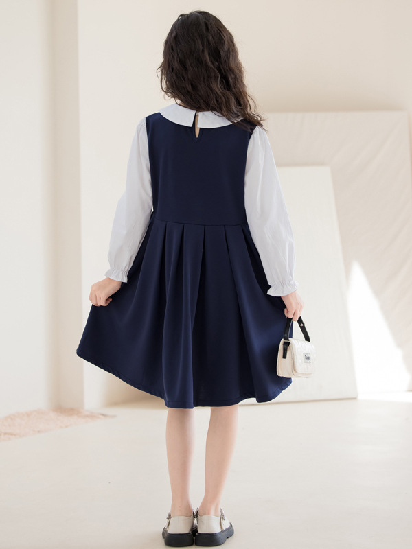 Rochie de toamnă pentru fete, 2025, primăvara și toamna, falsă din două piese, cu mânecă lungă, prințesă, rochie de stil universitar pentru copii mari, la modă