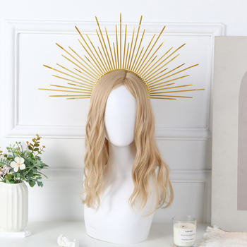 Halloween, karnevalový kostým, čelenka s ručne vyrobenou hlavičkou, bohyňou slnka a zlatou korunou, slnečným výbuchom