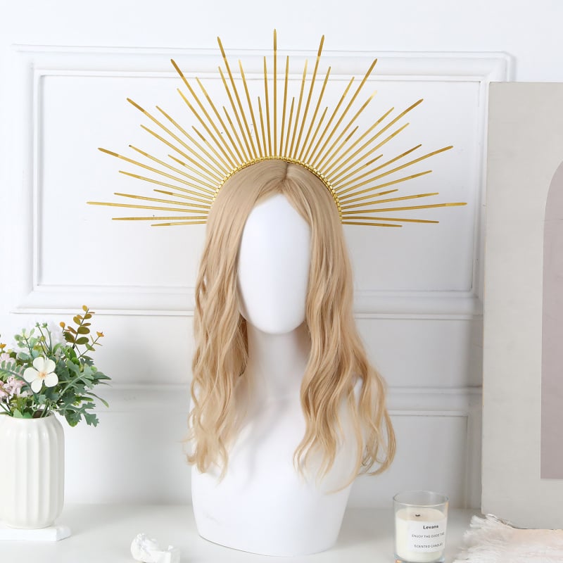 Halloween, karnevalový kostým, čelenka s ručne vyrobenou hlavičkou, bohyňou slnka a zlatou korunou, slnečným výbuchom