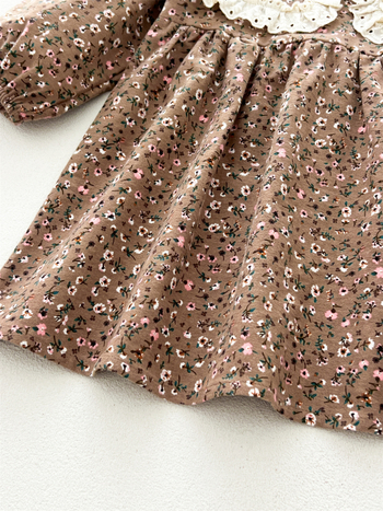 Φόρεμα για μωρά κορίτσια 2025 με δαντέλα, μεγάλο πέτο, μικρό φλοράλ σχέδιο, μακρυμάνικο, άνοιξη και φθινόπωρο, κομψά ρούχα για κορίτσια