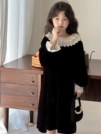 Φόρεμα πριγκίπισσας με μακριά μανίκια για κορίτσια 2025 Φθινόπωρο Νέο Παιδικό Φόρεμα με βελούδινο κολάρο κούκλας σε στυλ Hepburn, μικρό μαύρο για μεγαλύτερα παιδιά