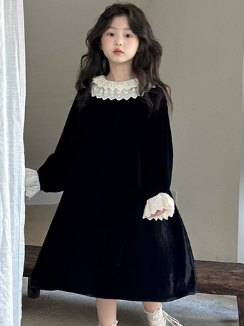 Φόρεμα πριγκίπισσας με μακριά μανίκια για κορίτσια 2025 Φθινόπωρο Νέο Παιδικό Φόρεμα με βελούδινο κολάρο κούκλας σε στυλ Hepburn, μικρό μαύρο για μεγαλύτερα παιδιά