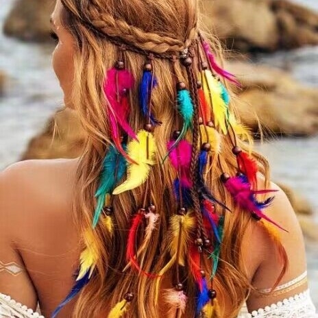 Bentiță de păr din pene de culoare boemă transfrontalieră 2024, coafură din pene de culoare indiană, accesorii de păr din pene