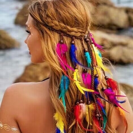 Bentiță de păr din pene de culoare boemă transfrontalieră 2024, coafură din pene de culoare indiană, accesorii de păr din pene