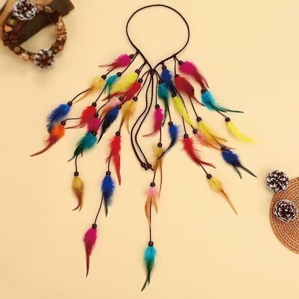 Bentiță de păr din pene de culoare boemă transfrontalieră 2024, coafură din pene de culoare indiană, accesorii de păr din pene