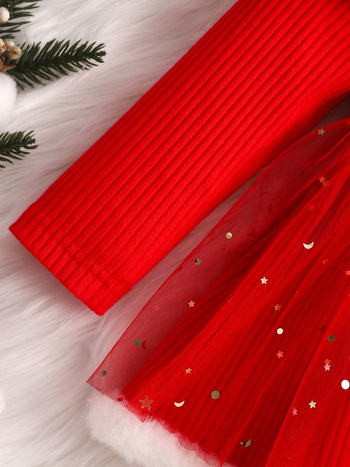 Φθινοπωρινό Νέο Χριστουγεννιάτικο Εορταστικό Κόκκινο Φιόγκος Μακρυμάνικη Φούστα με Ενωμένες Τρίγωνες Ha-tutu Χριστουγεννιάτικο Σκούφο