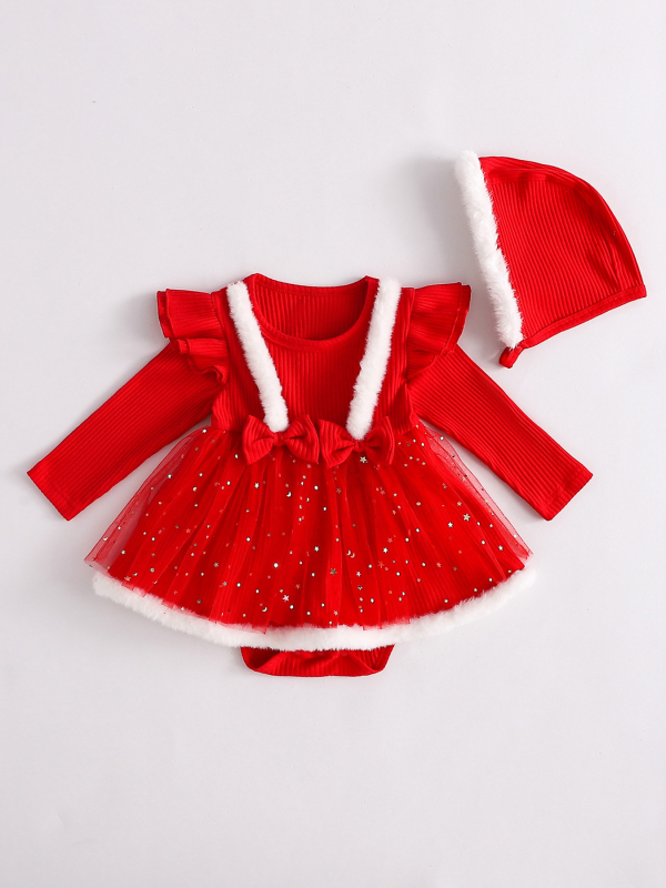 Toamna și iarna, Crăciun festiv, cu fundă roșie, mânecă lungă, triunghi unit, fustă Ha-tutu, pălărie de Crăciun