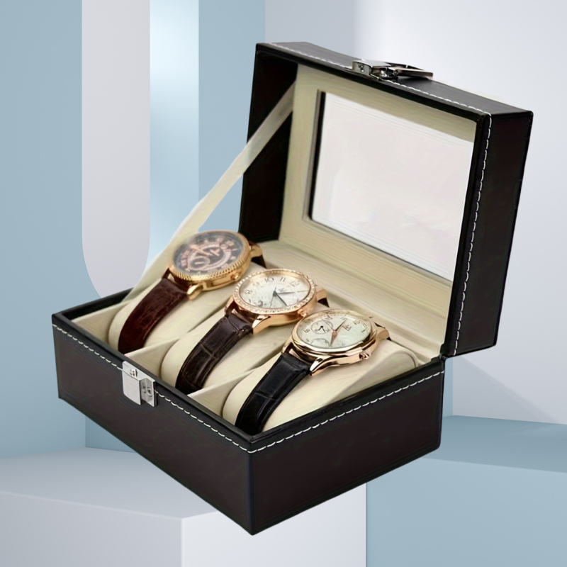 3 skyrių laikrodžių dėžutė su stikliniu dangteliu, laikrodžių laikymo dėžutė vyrams ir moterims, laikrodžių laikymas, laikrodžių demonstravimo dėžutė, ideali
