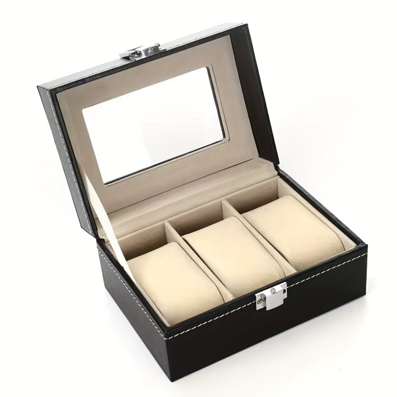 3 skyrių laikrodžių dėžutė su stikliniu dangteliu, laikrodžių laikymo dėžutė vyrams ir moterims, laikrodžių laikymas, laikrodžių demonstravimo dėžutė, ideali