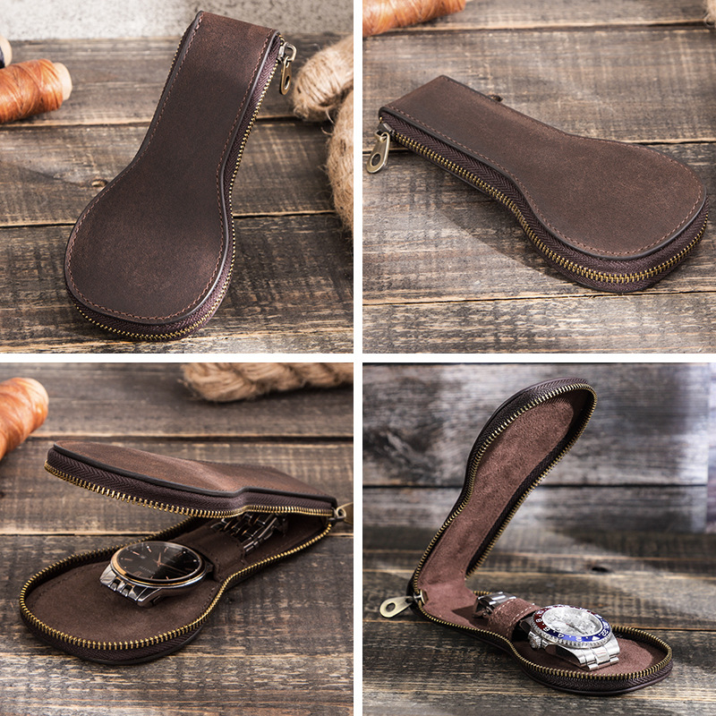 Kontaktai šeima Laikrodžių laikymo dėžutė „Crazy Horse Leather Vintage Creative“ natūralios odos aukščiausios klasės užtrauktuku laikrodžių odinis dėklas