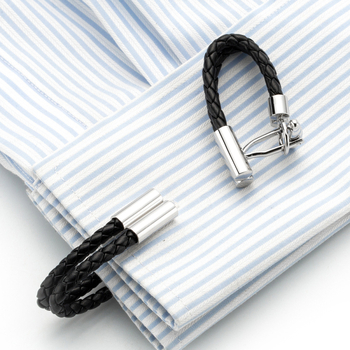 Най-продавани бизнес копчета за ръкавели във френски стил за риза, черни плетени кожени копчета за ръкавели с верижка и копче 249