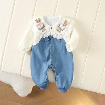 Μωρό άνοιξη και φθινόπωρο διπλής στρώσης μωρό κορίτσι τζιν χαριτωμένο κουνέλι μωρό ολόσωμη φόρμα ρούχα ενός μηνός εκατό ημερών μόδα μοντέρνα παιδικό ρόμπα