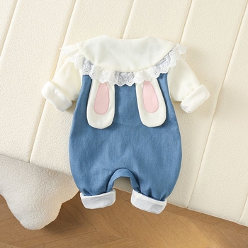 Μωρό άνοιξη και φθινόπωρο διπλής στρώσης μωρό κορίτσι τζιν χαριτωμένο κουνέλι μωρό ολόσωμη φόρμα ρούχα ενός μηνός εκατό ημερών μόδα μοντέρνα παιδικό ρόμπα