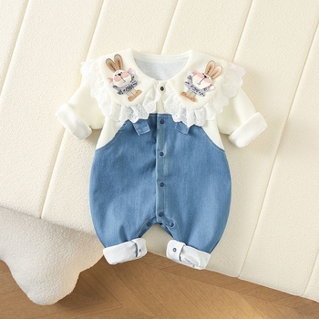Μωρό άνοιξη και φθινόπωρο διπλής στρώσης μωρό κορίτσι τζιν χαριτωμένο κουνέλι μωρό ολόσωμη φόρμα ρούχα ενός μηνός εκατό ημερών μόδα μοντέρνα παιδικό ρόμπα