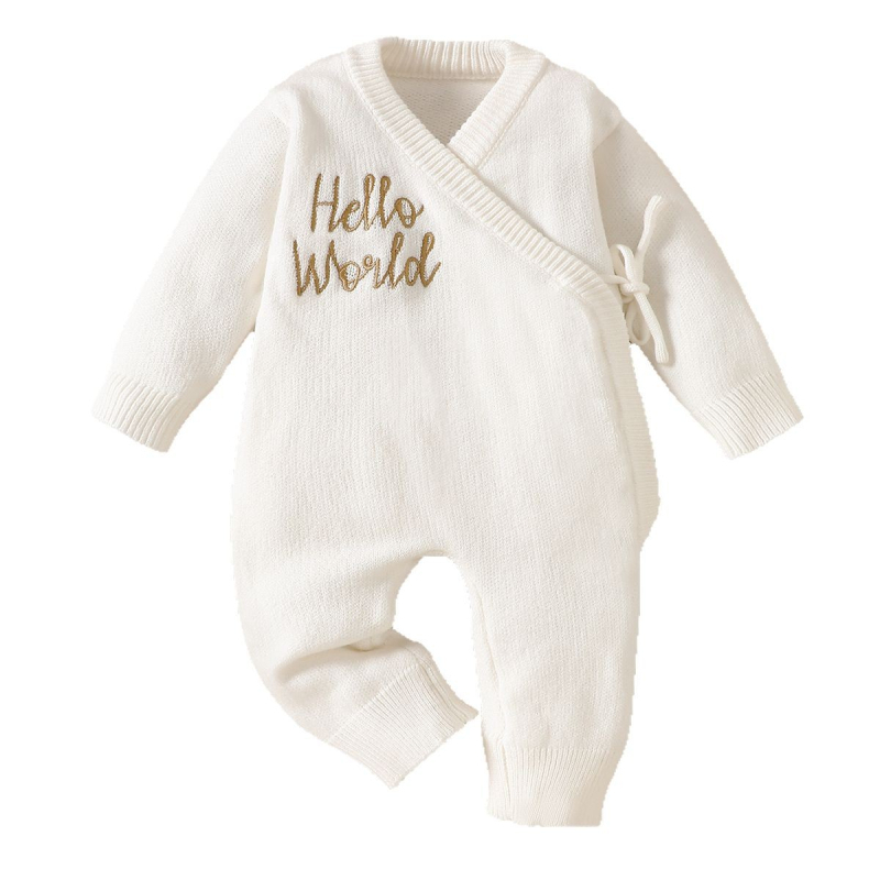 Újszülött Négy Évszak Mászóruhák Fiúknak és Lányoknak Baba Hello world Betűs Hímzett Baba Hosszú Ujjú Nadrág