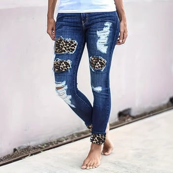 Európai és amerikai új női ruházati határokon átnyúló, karcsúsított, szakadt leopárdmintás, foltos, hengerelt szegélyű farmernadrág