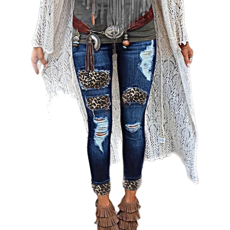 Európai és amerikai új női ruházati határokon átnyúló, karcsúsított, szakadt leopárdmintás, foltos, hengerelt szegélyű farmernadrág