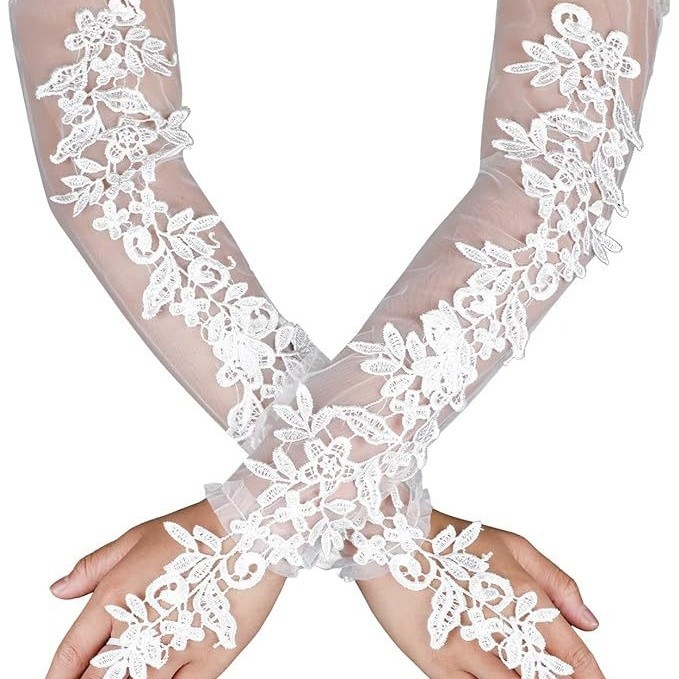 Tinklinės nėrinių pirštinės be pirštų Ilgos gėlėtos nuotakos pirštinės Išleistuvių vestuvių vakarėlio kostiumas Vestuvinės suknelės aksesuarai Rankovės