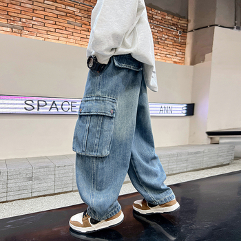Μοντέρνα τζιν εργασίας σε ίσια γραμμή για μεσήλικες και μεγαλύτερα παιδιά, φθινόπωρο 2025, νέα παιδικά ρούχα, όμορφα φαρδιά παντελόνια για αγόρια, φθινόπωρο