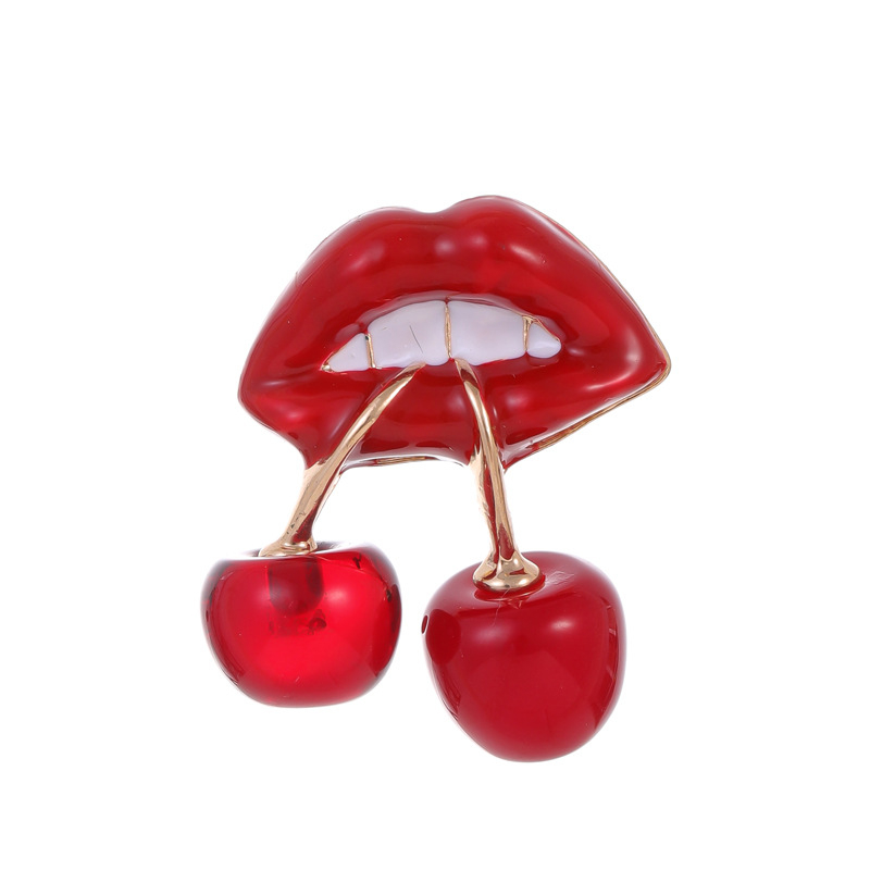 Broșă de buze roșii cireșe distractive în stil japonez, design de personalitate, nișă, fată amuzantă, pin, cataramă anti-lumină, accesorii cadou