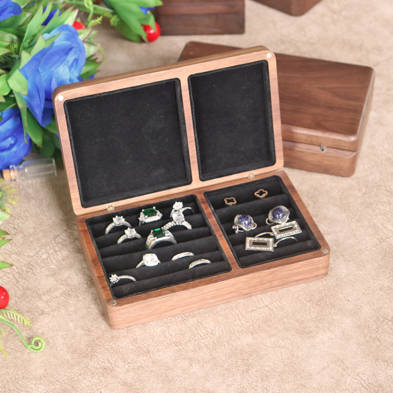 Täispuidust ehted sõrmused ehete pakendamine hoiustamise kinkekarbis paar sõrmused kõrvarõngad ehete vitriin naiste pähklipuust alus kaanega