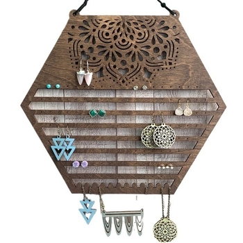 Дървена шестоъгълна поставка за обеци от трансграничен тип, стенен стелаж за съхранение на обеци, домашен креативни висящи бижута