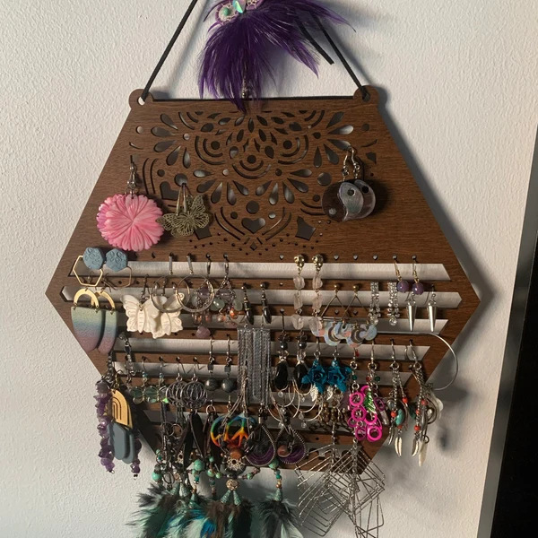 Raft de perete pentru cercei hexagonali din lemn transfrontalier, suport de depozitare pentru cercei, suport de bijuterii creative pentru acasă, agățat, suport de afișare