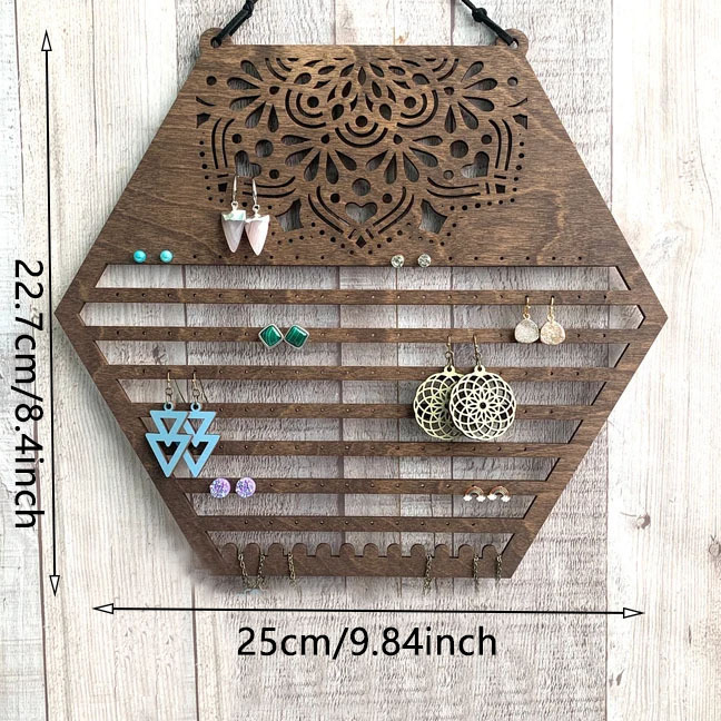 Raft de perete pentru cercei hexagonali din lemn transfrontalier, suport de depozitare pentru cercei, suport de bijuterii creative pentru acasă, agățat, suport de afișare