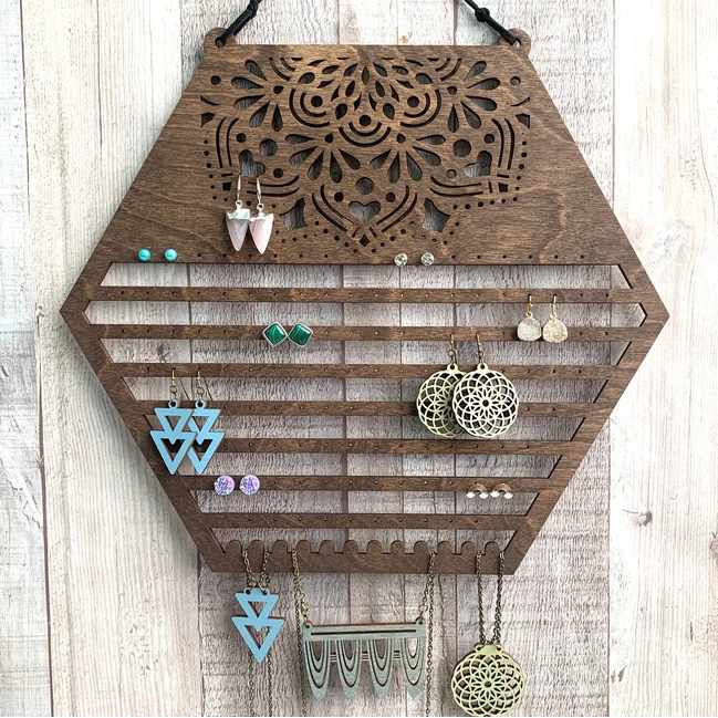 Raft de perete pentru cercei hexagonali din lemn transfrontalier, suport de depozitare pentru cercei, suport de bijuterii creative pentru acasă, agățat, suport de afișare