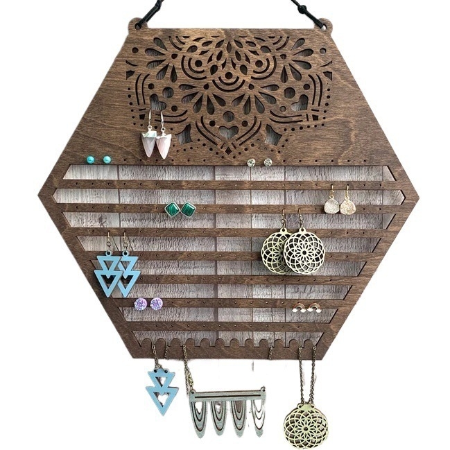 Raft de perete pentru cercei hexagonali din lemn transfrontalier, suport de depozitare pentru cercei, suport de bijuterii creative pentru acasă, agățat, suport de afișare