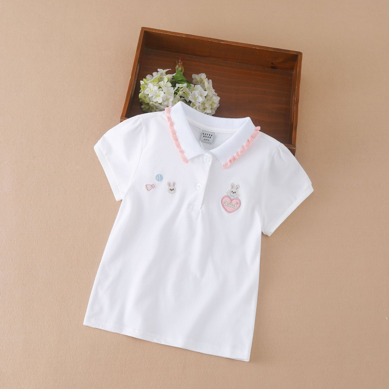 Tricou polo pentru copii, culoare solidă, cu desene animate, fete de vară, subțire, cu rever din bumbac, cu mânecă scurtă