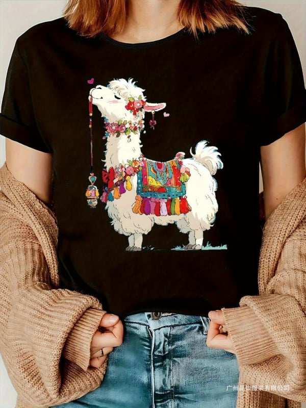 Тениска с аниме лама, европейски размер 2025, за жени, ежедневна, с кръгло деколте, къс ръкав, от чист памук