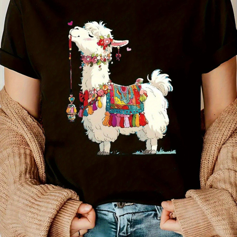 Тениска с аниме лама, европейски размер 2025, за жени, ежедневна, с кръгло деколте, къс ръкав, от чист памук