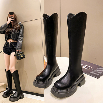 Cizme lungi cu fermoar la spate, toc pătrat, fund gros, cizme Martin, noi, negre, căptușite cu fleece, stil coreean, cizme la modă, asortate, pentru femei