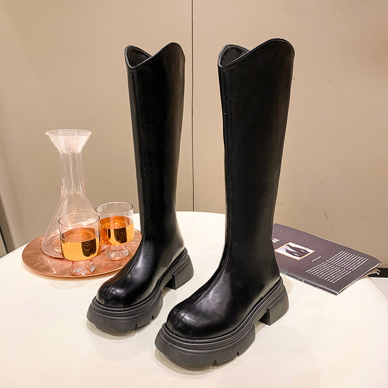 Cizme lungi cu fermoar la spate, toc pătrat, fund gros, cizme Martin, noi, negre, căptușite cu fleece, stil coreean, cizme la modă, asortate, pentru femei