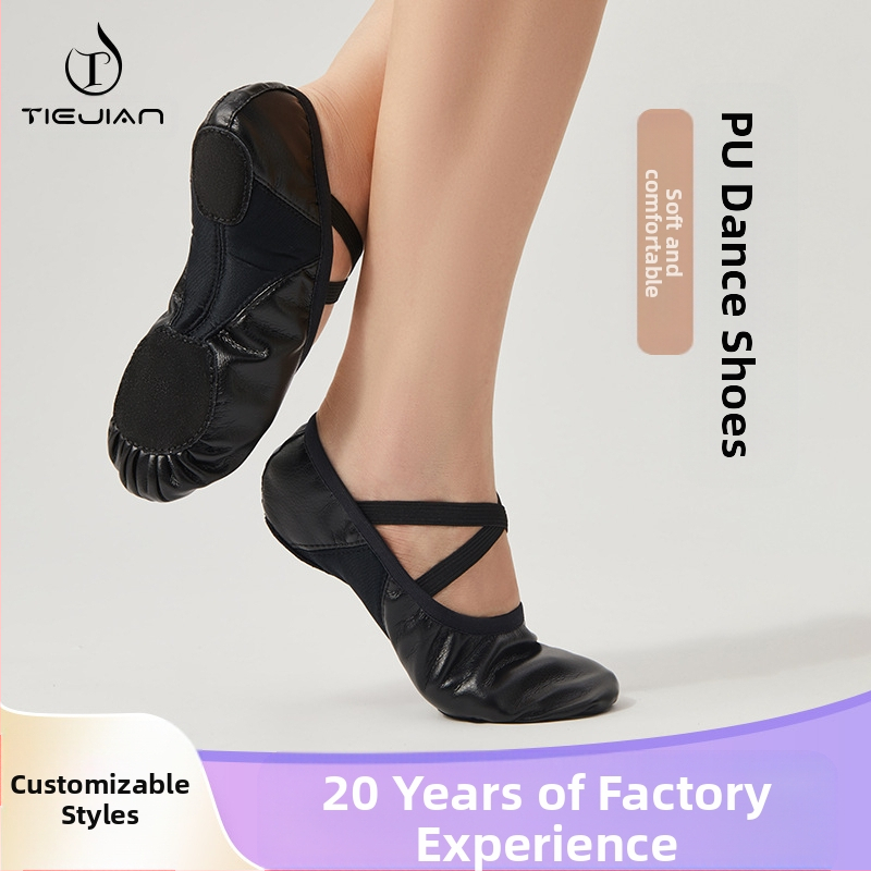 Deju apavi sievietēm, mīksta zole, pieaugušiem baletam, klasiskajai dejai, treniņapavi, melnas, PU ādas, divpunktu zoles deju apavi