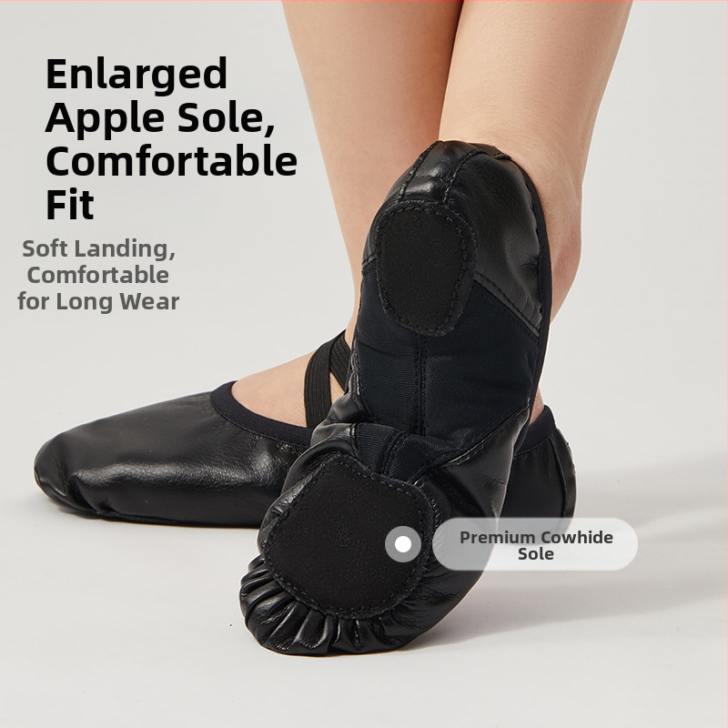 Дамски обувки за танци с мека подметка за възрастни, балетни обувки за класически танци, черни, изкуствена кожа, с двуточкова подметка