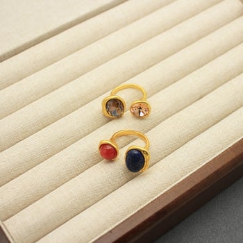 Inel deschis reglabil minimalist vintage de înaltă calitate, cu bijuterii din piatră naturală încrustată cu pietre prețioase mari, placat cu aur natural învechit